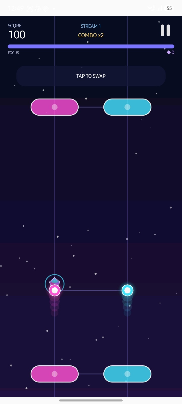 AL HAFIZ REAL ESTATE & BUILDERS gameplay showing pink and cyan lanes, score, focus and combo